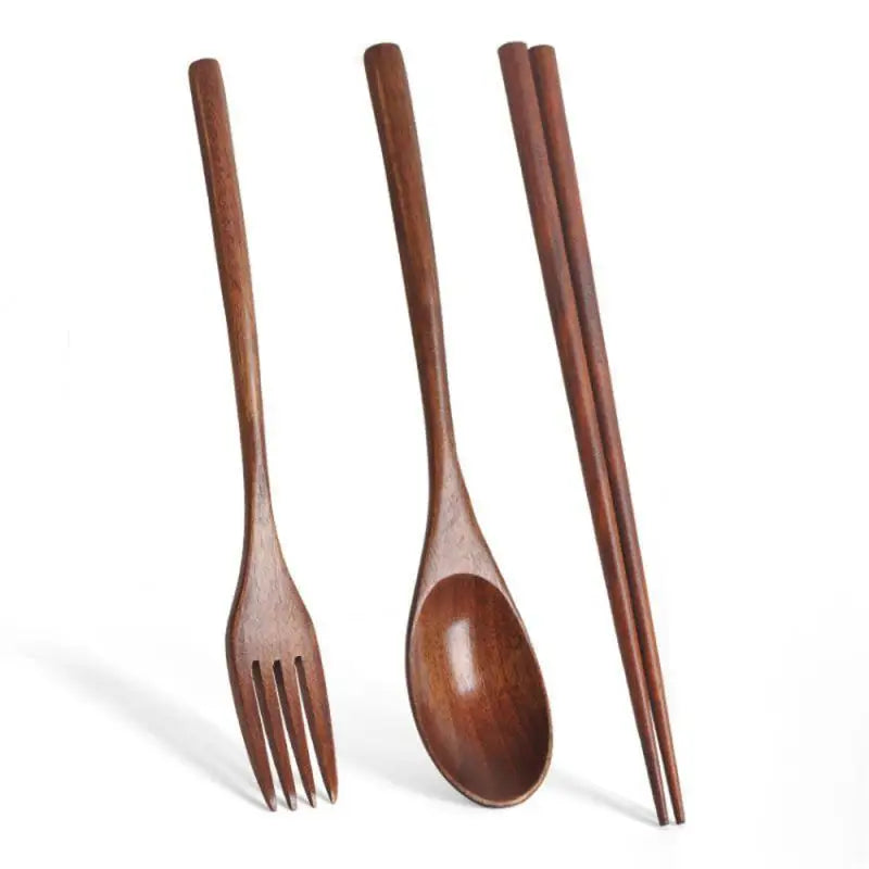 🥢 Natural Handmade Wooden Spoon Chopsticks And Fork Dinner Set Tableware