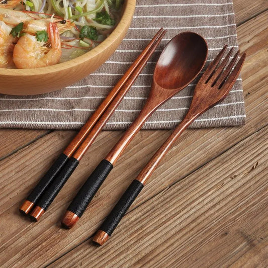 🥢 Natural Handmade Wooden Spoon Chopsticks And Fork Dinner Set Tableware