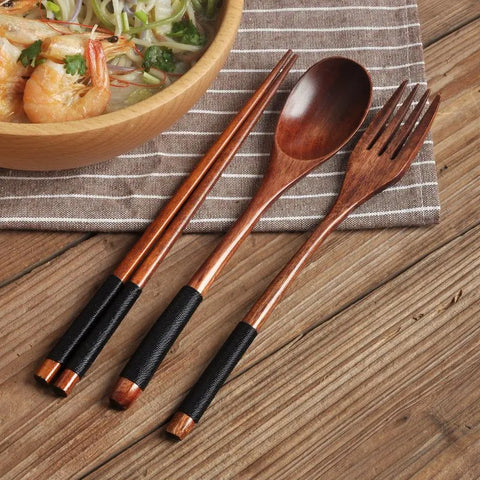 Natural Handmade Wooden Spoon Chopsticks And Fork Dinner Set Tableware