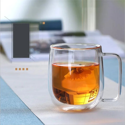 350ml Double Wall Glass Coffee Mug with Handle