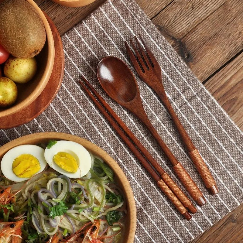 🥢 Natural Handmade Wooden Spoon Chopsticks And Fork Dinner Set Tableware