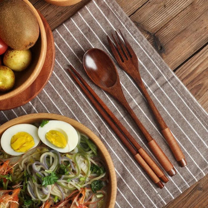 🥢 Natural Handmade Wooden Spoon Chopsticks And Fork Dinner Set Tableware